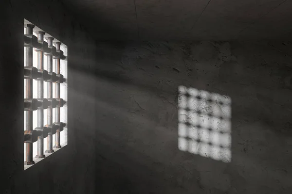 支柱の影がグランジの刑務所の独房の レンダリング ウィンドウの光線から壁に映し出される ストック写真