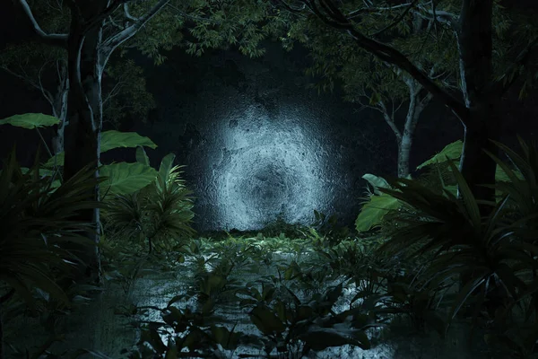 ジャングルの植物や木々に囲まれた光のスポットと森の背景の3Dレンダリング ストック写真