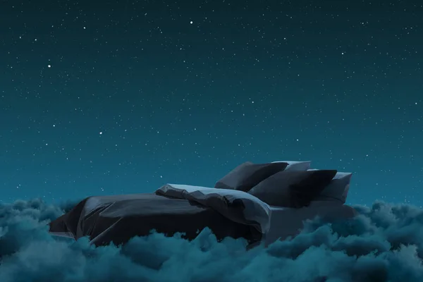 夜にはふわふわの雲の上に低ベッドの3Dレンダリング ストック画像