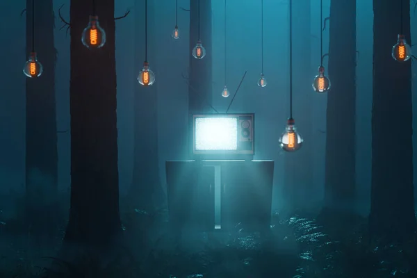 吊るされた電球に囲まれた明るいテレビに照らされた霧の森の3Dレンダリング ロイヤリティフリーのストック画像