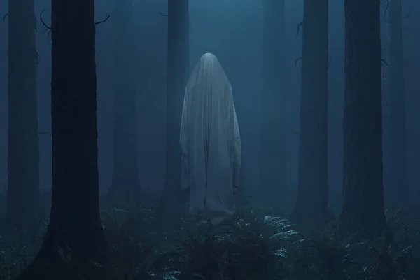 3D rendering of a ghost covered with sheet floating in the air. Surrounded by trees in a misty forest in the middle of the night
