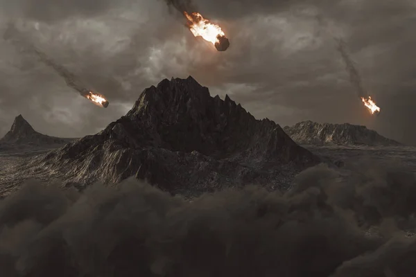 Representación Meteoros Bolas Fuego Cayendo Montañas Con Picos Fotos de stock libres de derechos