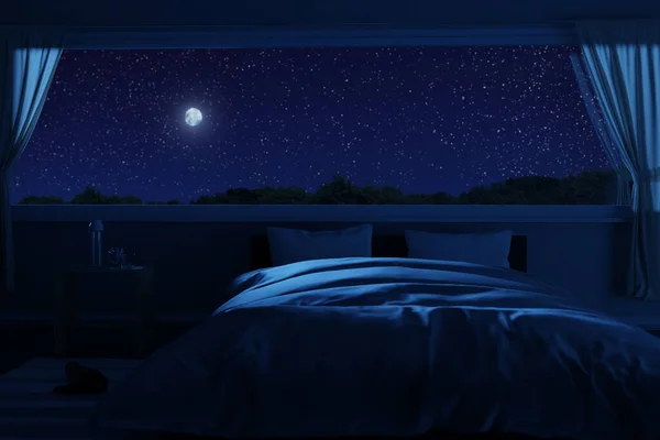 3Dレンダリングパノラマウィンドウと低ベッド付きのベッドルームで星空の夜 ロイヤリティフリーのストック写真