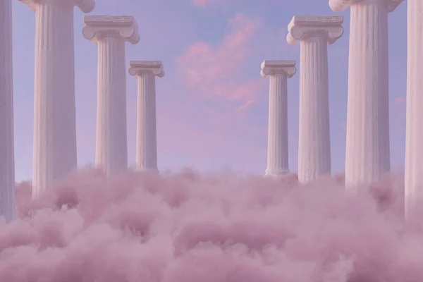 Representación Columnas Blancas Sobre Nubes Rosadas Esponjosas Fotos de stock