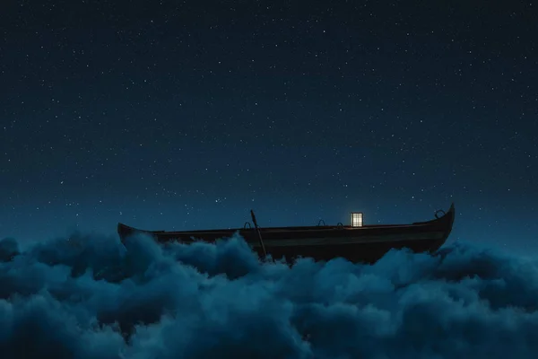 Rendering Abandoned Wooden Japanese Boat Wooden Lamp Fluffy Night Clouds — Stock Photo, Image