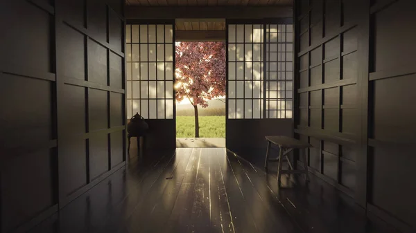 Rendering Japanese Wooden Corridor Shoji Sliding Doors Evening Sunlight — Stok fotoğraf