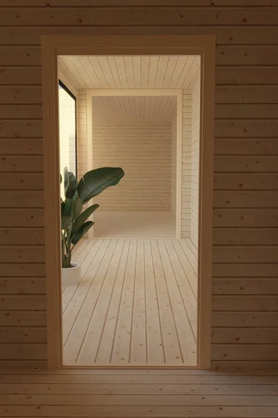 木製の板やバナナ工場と木製の廊下の3Dレンダリング — ストック写真