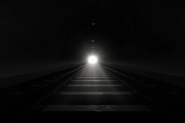 Återgivning Mörk Tågtunnel Med Ljus Slutet — Stockfoto