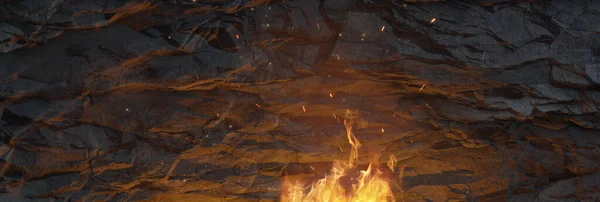 篝火照明悬崖墙3D渲染 — 图库照片