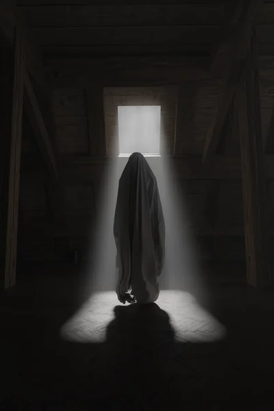 3D rendering of a ghost covered with sheet floating in the air and illuminated by a light ray in the attic