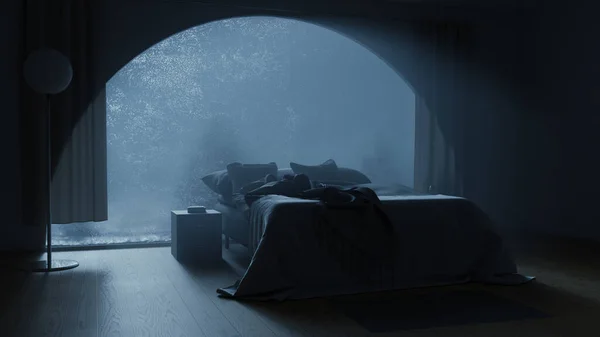 Representación Acogedor Dormitorio Con Una Ventana Arco Helado Por Noche Fotos de stock