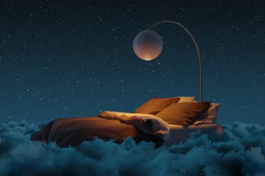 Cozy bed illuminated by ball lamp. The bed flying over fluffy clouds at night. 3D Rendering clipart