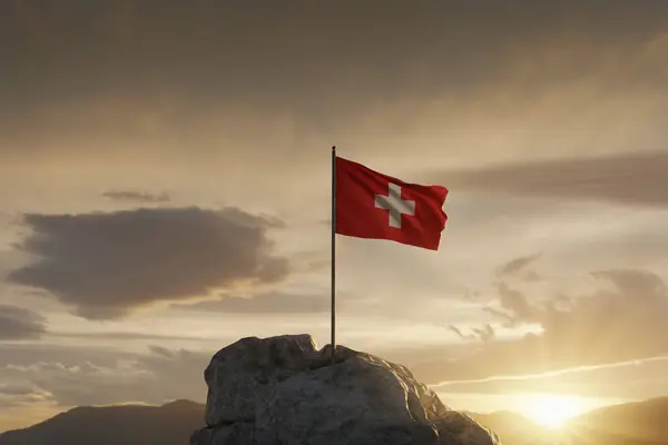 stock image Waving Swiss flag on rocky landscape to celebrate the national holiday of 1 august. 3D Rendering