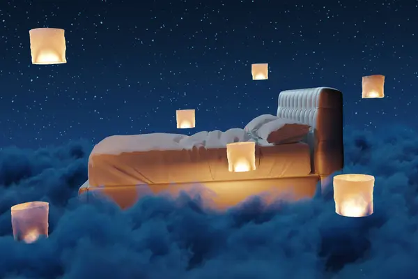 stock image Cosy bed illuminated by sky lantern. The bed flying over fluffy clouds at night. 3D Rendering