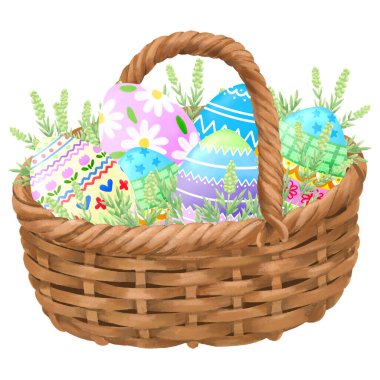 Illustration of colorful Easter eggs in a basket