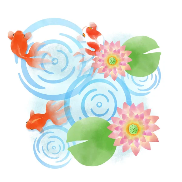 Illustration Mit Seerosenblumen Und Goldfischmotiven — Stockfoto
