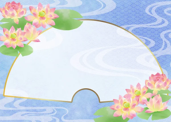 Fächerförmiger Rahmen Japanischen Stil Mit Traditionellen Mustern Und Seerosen — Stockfoto