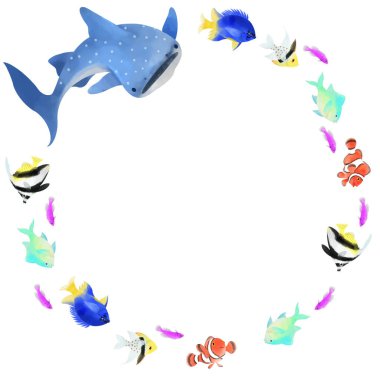 Balina köpekbalığı ve tropikal balıkların renkli süslemeleri