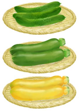 Bir süzgeçte salatalık ve kabak çizimi