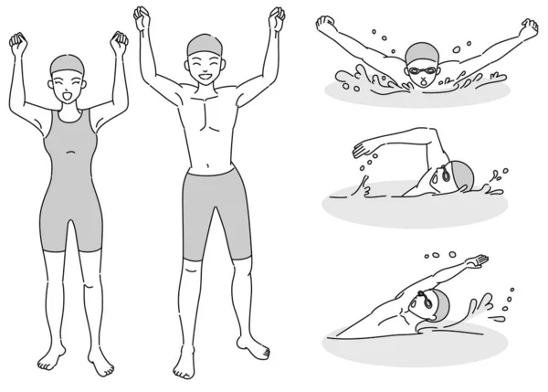 Tek renkli çizgi yüzücü ve yüzücülerden oluşan bir set çiziyor.