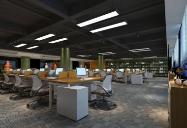 Modern çalışma odasının iç mimarisi, 3D görüntüleme.