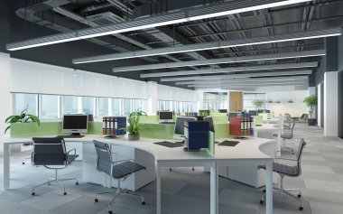 Modern çalışma odasının iç mimarisi, 3D görüntüleme.