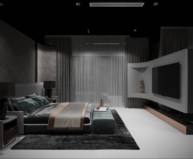Lüks otel odası, ev içi yatak odası. 3d hazırlayıcı