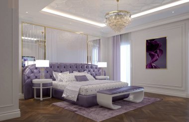 Lüks otel odası mor renkte tasarlandı. 3d hazırlayıcı