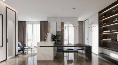 3D lüks oturma odası yemek odası.