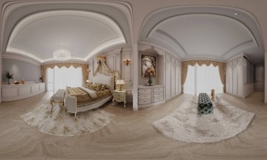 360 derece manzaralı klasik otel odası 3D görüntüleme