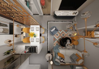 3D render modern ev iç