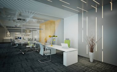Modern çalışma odasının 3D görüntüsü