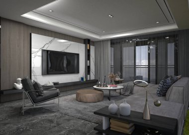 3D lüks ev dekorasyonu. Oturma odası.