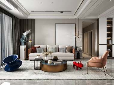 3D lüks ev dekorasyonu. Oturma odası.