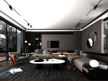 3D lüks ev dekorasyonu. Oturma odası.