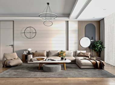 3D lüks ev dekorasyonu. Oturma odası.