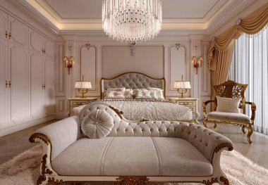 Lüks otel odası yatak odası 3D görüntüleme