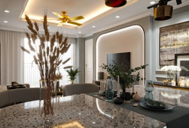 3D lüks oturma odası.