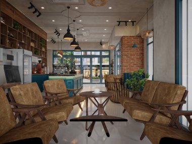 Kafe restoranının 3D görüntüsü.