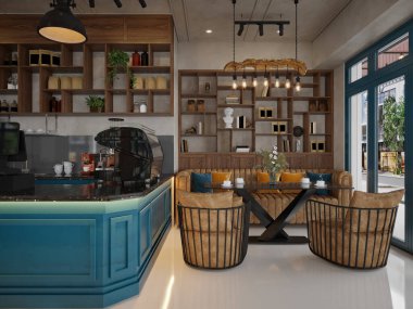 Kafe restoranının 3D görüntüsü.