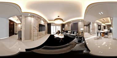 360 derece manzara modern oturma odası ve yemek odası