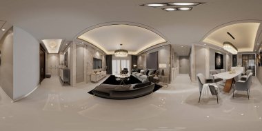 360 derece manzara modern oturma odası ve yemek odası