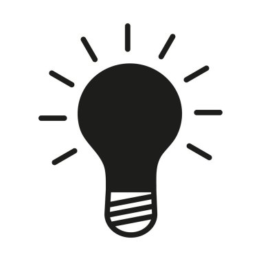 Parlayan ampul. Fikir işareti, çözüm, düşünme konsepti. İzole edilmiş ağ simgesi. Logo tasarımı. Siyah beyaz düz vektör illüstrasyonu.