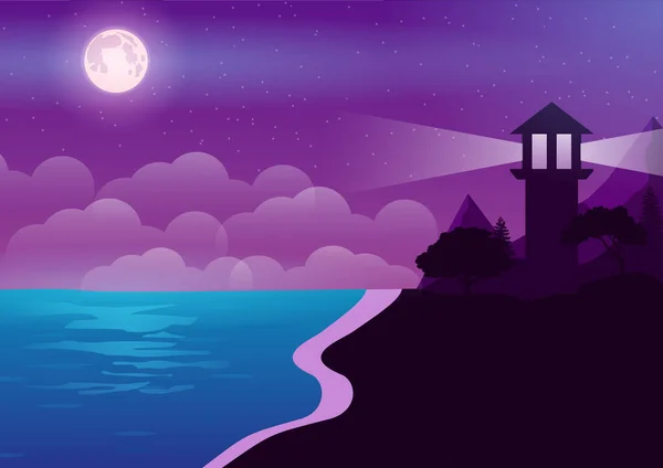 Leuchtturm Auf Dem Meer Bei Nacht — Stockvektor