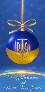 Ukrayna bayrağı renginde bir Noel balosu ve arma armalı bir Noel kartı.