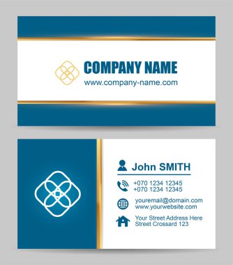 Vektör mavi, altın ve beyaz kartvizit şablonu