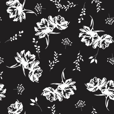 Çiçeklerin organik şekilleri ve pürüzsüz bir geçmişi vardır. Basit soyut çiçek deseni. Siyah-beyaz modern baskı. Tekstil tasarımı, duvar kağıdı, kartlar, posterler ve dekorasyon için ideal.