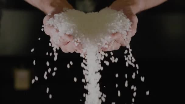 Сырая Белая Рис Падает Рук Темном Фоне Высококачественные Кадры — стоковое видео