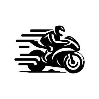 Yarış logosu, hız yapan bir motosikletin sembolü, monokrom stili, siyah beyaz, düz, basit, gradyan yok