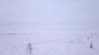 Dondurucu bir kış manzarası, bir tarlayı kaplayan kar, ön planda ağaçlar, ve arka planda sisli bir gökyüzü, sıvı bir ufuk oluşturuyor.